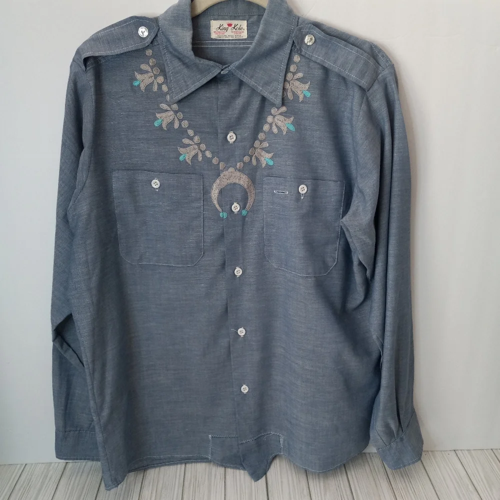 Vintage King Kole Hand Embroidered Southwestern Chambray Long Sleeve Shirt